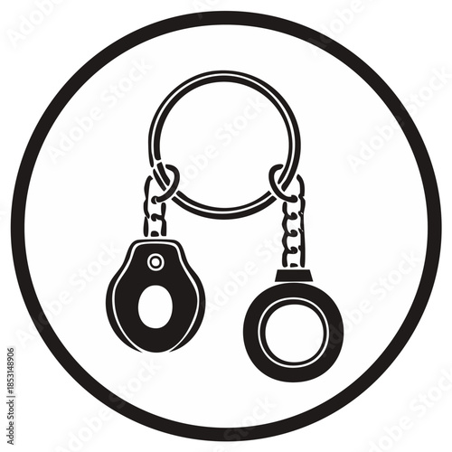 Black and white symbol of handcuffs in a round frame
