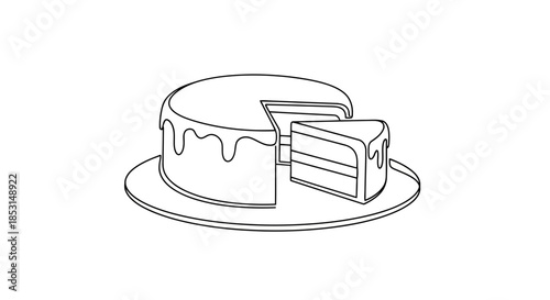 Simple line drawing of a delicious layered cake with a single slice removed on a plate Vector