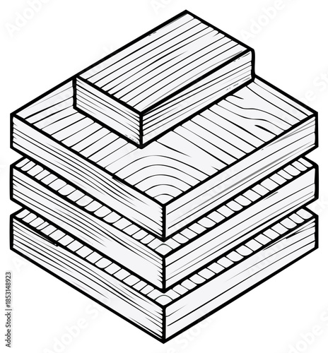 Isometric line art vector icon of stacked lumber planks and plywood Construction and building materials illustration