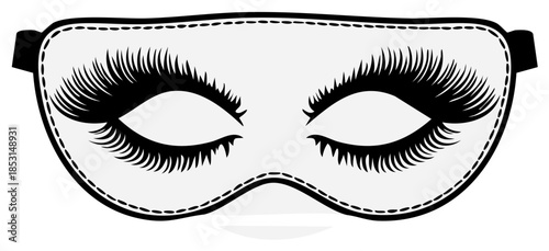Sleep mask illustration with closed eyes and exaggerated eyelashes in black and white.