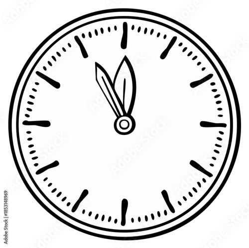 Hand drawn clock face showing nearly midnight or noon with simple hour and minute hands