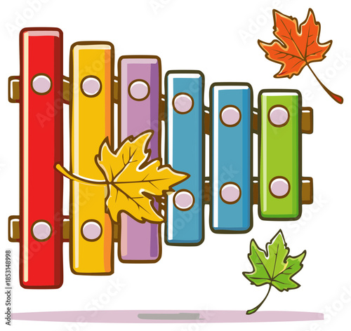Colorful toy xylophone with autumn leaves, musical instrument for kids, fall season illustration