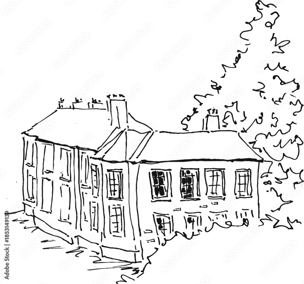 Naklejka premium Majestic French Chateau Castle with Surrounding Trees Sketch