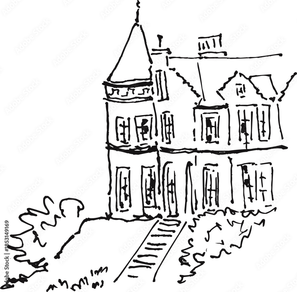 Naklejka premium Hilltop House with Tower Architecture Landscape Sketch