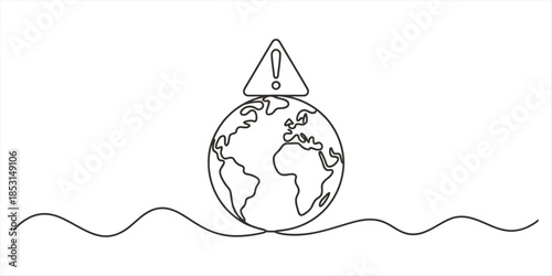 A continuous line drawing illustrating a global warning sign placed on the planet earth Vector, illustration