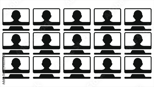 Online Classroom Vector Illustration with Multiple Student Screens for E-Learning, Virtual Meeting Video Conference Grid with Computer Monitors and People Silhouettes for Distance Education Concept