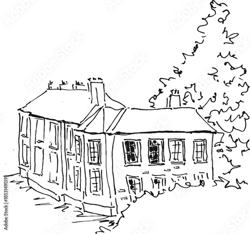 Majestic French Chateau Castle with Surrounding Trees Sketch