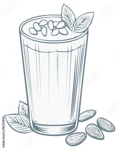 Hand drawn glass of almond milk decorated with nuts and mint leaves with almonds scattered around