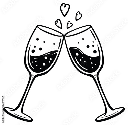 Hand-drawn clinking champagne flutes with hearts, celebrating love and romance