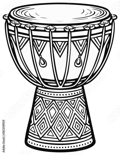 Stylized illustration of a djembe drum with geometric patterns and rope tuning system in black and white