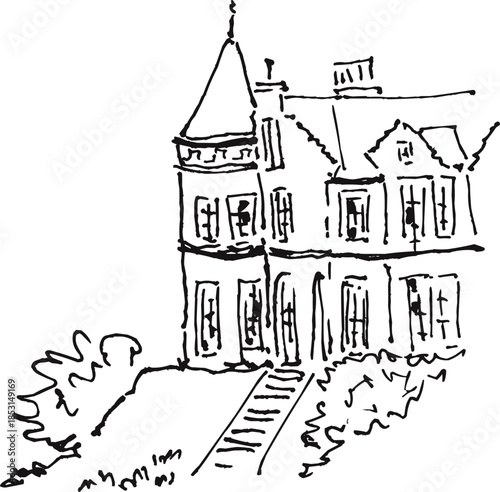 Hilltop House with Tower Architecture Landscape Sketch