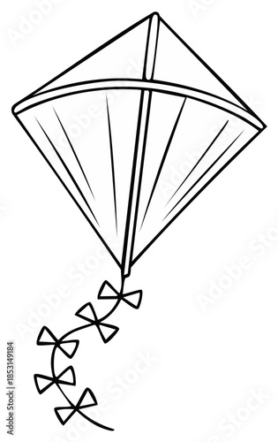 Classic diamond shaped kite with a tail of bows coloring book page illustration