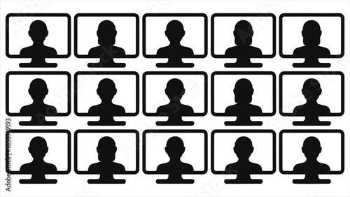 Online Education and E-learning Concept Vector: Virtual Classroom Interface with Multiple Student Screen Silhouettes for Video Conferencing, Remote Learning, Digital Webinar, and Distance Training