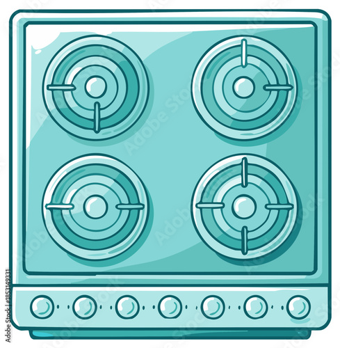Illustrated Teal Kitchen Stove Top with Four Burners and Control Knobs