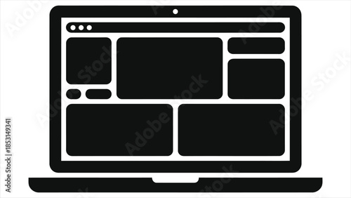 Online course dashboard icon, e-learning platform on laptop screen, UX wireframe layout, minimal black and white vector illustration for education technology, web learning interface, responsive design
