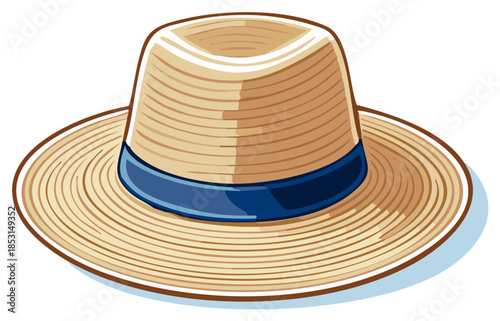 Vector illustration of a classic straw sun hat with a blue ribbon for summer vacation and travel