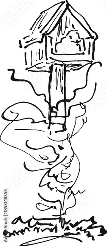 Small Birdhouse on Pole with Climbing Ivy Plant