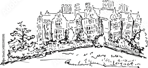 European Palace Castle with Garden Trees and Bushes