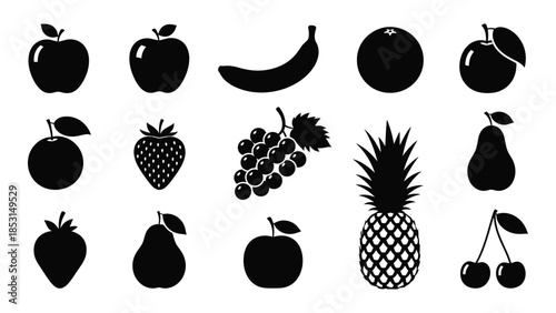 Collection of various fruit shapes depicted in stark black silhouette