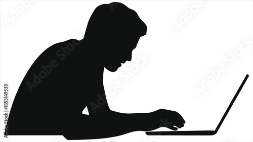 Modern Black Silhouette Vector of Student Typing on Laptop for E-Learning, Online Education, and Virtual Classroom Concept, Isolated on White Background, Digital Learning Illustration