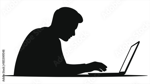 Silhouette of man sitting at desk typing on laptop computer vector illustration. Male person working from home, student studying online, e-learning concept, freelancer coding or business user writing.