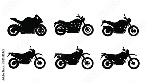 Variety of motorcycle designs presented as dark striking silhouettes