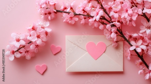 Valentine, A romantic flat lay featuring pink blossoms, a heart-shaped envelope, and decorative hearts against a soft pink background.