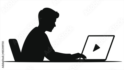Online Education Concept: Silhouette of a Student Watching a Video Lesson on a Laptop for E-learning, Distance Learning, and Remote Study Vector Illustration for Webinars, Tutorials, and Class.