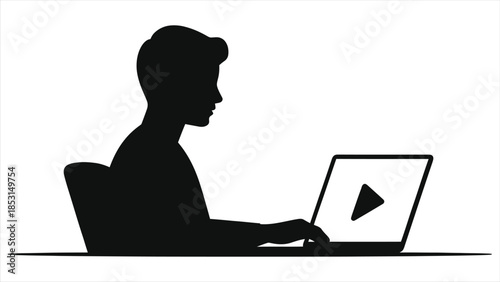 Silhouette of person watching video lesson on laptop. E-learning, online education, and distance learning vector concept. Black and white illustration of student studying remotely. Webinar, training, 