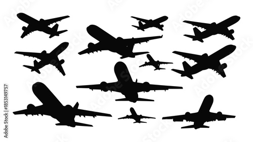 Collection of various airplane silhouettes in flight a dark and striking scene silhouette