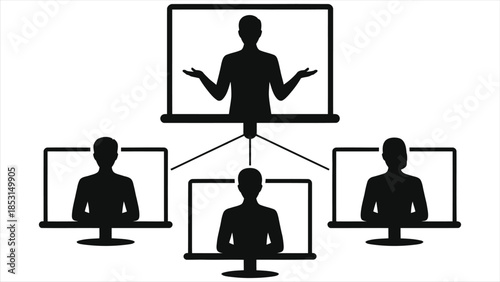 Remote corporate training vector icon. Online webinar and e-learning concept with presenter and students silhouettes. Video conference, distance education, and virtual business meeting graphic symbol.