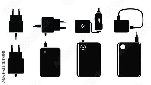 Collection of various power adapters and portable chargers a black silhouette