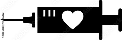 Black syringe with white heart symbol. Medical health love concept. Flat design. Vector icon for app, web or print