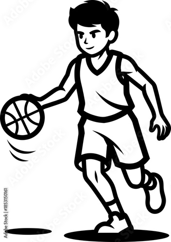 Kid boy playing basketball, dribbling ball. Athlete cartoon character. Black and white vector illustration for sport game concept