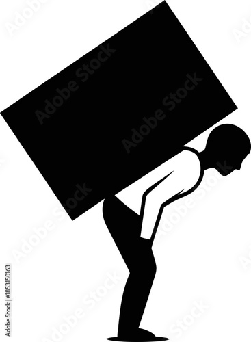 Man carrying heavy load on his back, struggling to move. Concept of burden, hard work, stress, and difficulty. White background. Vector icon