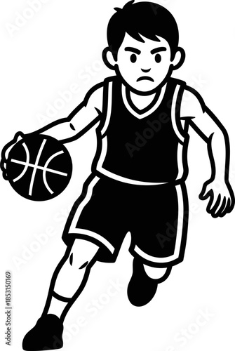 A boy playing basketball with a serious expression, dribbling a ball. Sport, game, and competition concept. Simple black and white vector illustration for icon or symbol.