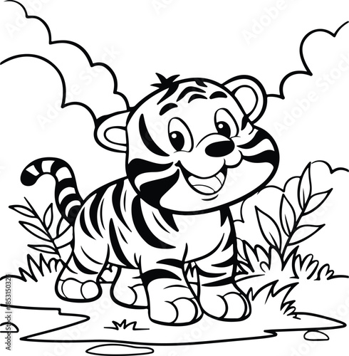 A happy and playful tiger cub standing in a lush grassy area, a charming vector illustration