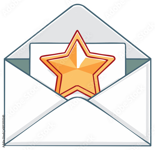Open envelope reveals a shiny golden star achievement award inside a letter