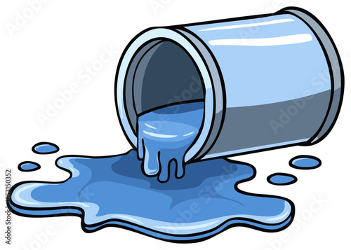 Blue liquid pours from a container creating a puddle in an illustrative style