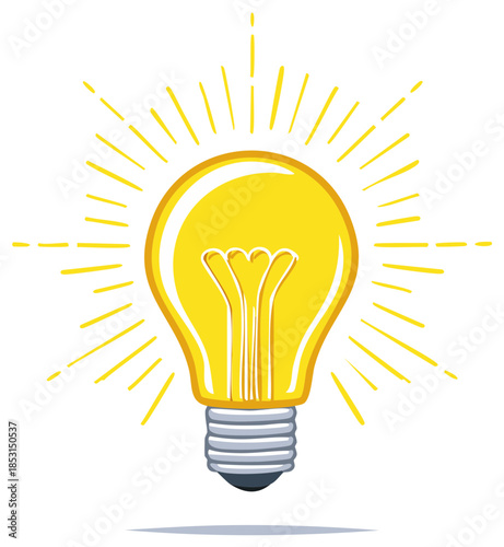 Bright Yellow Light Bulb Illustration Radiating Glow, Symbolizing Idea, Innovation, and Creative Inspiration