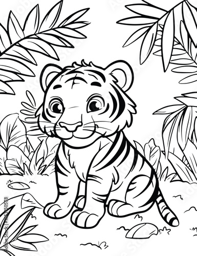 A single adorable tiger cub sitting calmly among jungle foliage, a charming vector illustration