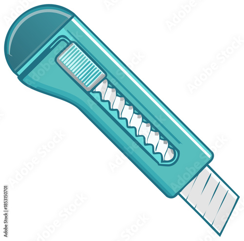 Teal box cutter with retractable blade for paper cutting or carton opening. Sharp utility knife icon.