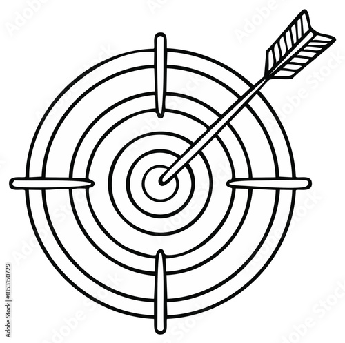 Hand drawn archery target with arrow hitting the bullseye symbolizing achievement and precision