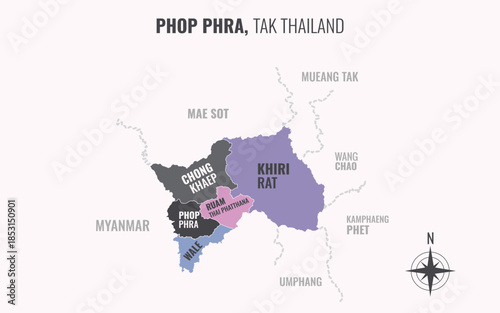 Map showing Phop Phra District Tak Thailand divided into sub districts with minimalist colorful patterns