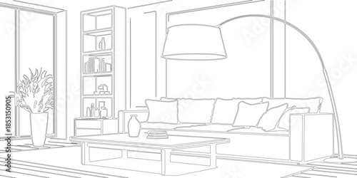 sketch of the interior of the room or line art vector of modern seamless geometric abstract interior design.