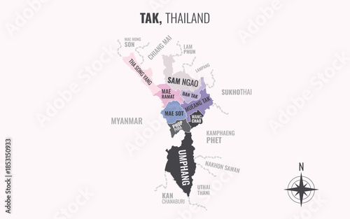 A map showing Tak Thailand divided into districts in a minimalist colorful style