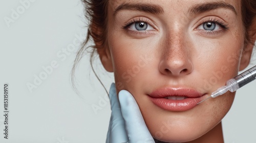 Cosmetic procedure, aesthetic treatment, dermatology service, and beauty medicine define this commercial portrait. A woman receiving a lip injection represents skincare enhancement and professional