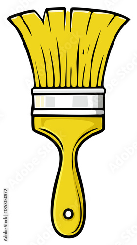 Bright yellow paint brush with black outline and metal ferrule isolated on white
