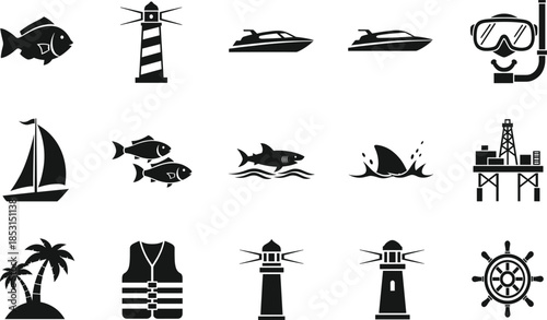 Set of Marine and Nautical Black Silhouettes Including Lighthouse Shark Sailboat and Speedboat for Ocean Themed Design.