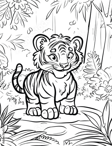 Cute tiger cub cartoon character on forest background vector illustration in black and white outlines